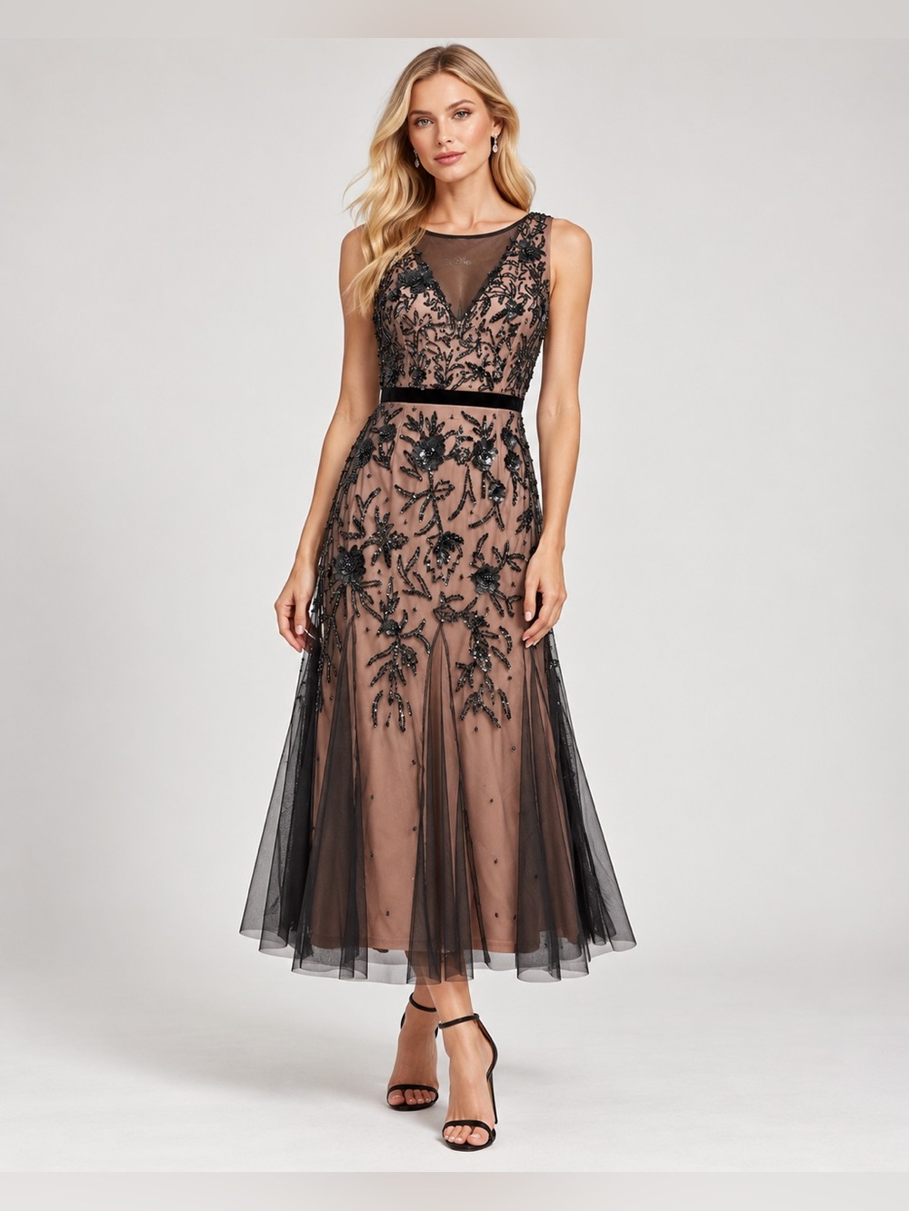 Adrianna Papell NWT Size 6 Black Nude Beaded Floral Tulle Midi Dress GALA MOB